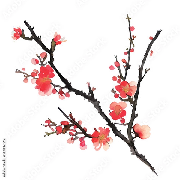 Fototapeta イラスト素材:梅の花の和風水彩イラスト（年賀状素材）
