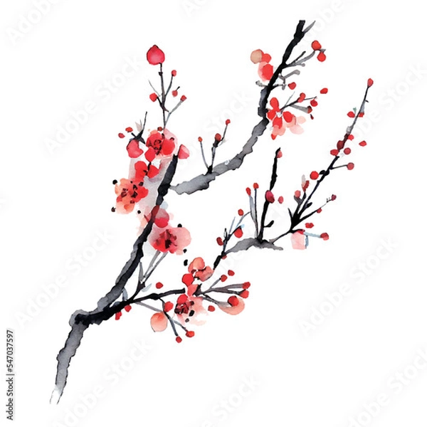 Obraz イラスト素材:梅の花の和風水彩イラスト（年賀状素材）
