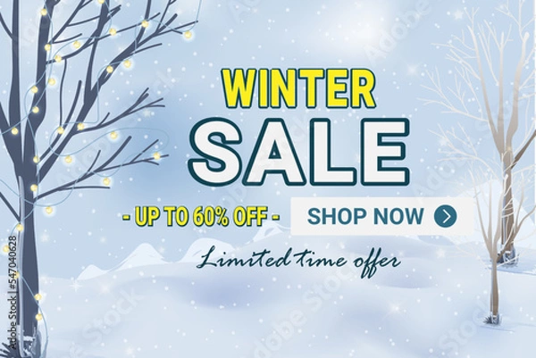 Fototapeta Winter sale vector banner template with white snow and lighted tree background. Vector illustration.
