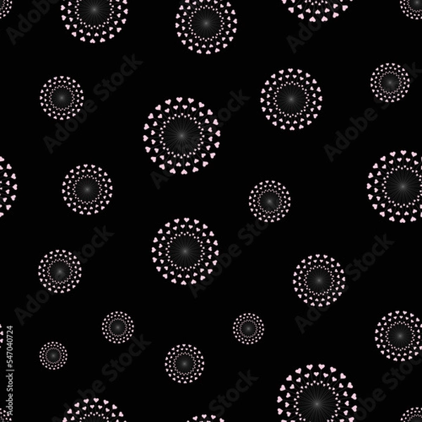 Fototapeta seamless repeat pattern with simple and cute classic rose hearts in a dandelion floral motif on a black background perfect for fabric, scrap booking, wallpaper, gift wrap projects

