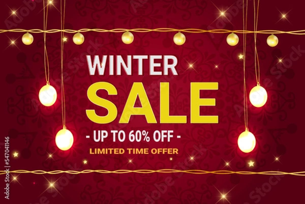 Fototapeta  Winter sale vector banner template with light and snowflakes background. Vector illustration.