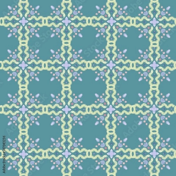 Fototapeta Geometric symmetry seamless pattern. Blue color oriental motif with chalk stroke texture.