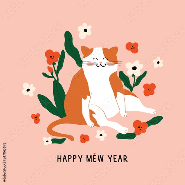 Fototapeta A cute tabby cat with flowers. Good New Year spirit. Ready postcard 2023. Happy New Year animal, pet, cat. Vector illustration