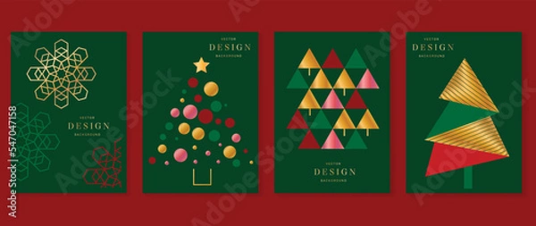 Fototapeta Set of luxury christmas invitation card art deco design vector. Decorative geometric shape snowflake and tree in gradient gold, red and green. Design for cover, greeting card, print, post, website.