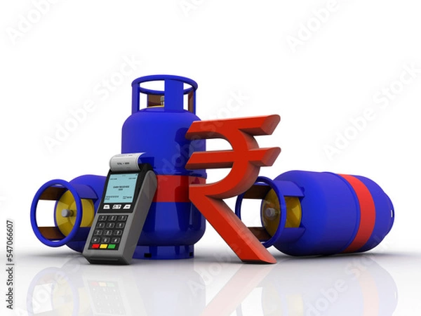 Fototapeta 3D rendering illustration Gas Cylinder with Swipe machine near indian rupee