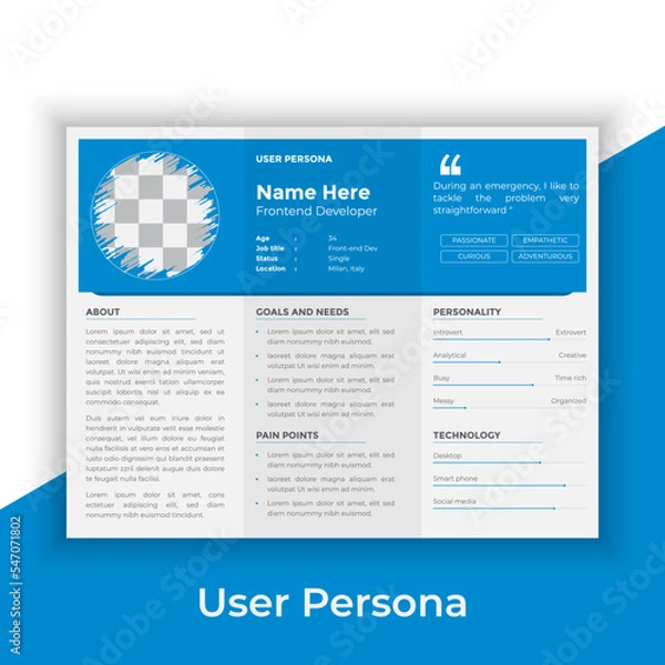 Fototapeta User Persona Document Template Vector Illustration. Examples of User Personas template. Persona Document. Persona Template for UI UX designer. User Persona vector horizontal template with blue color. 
