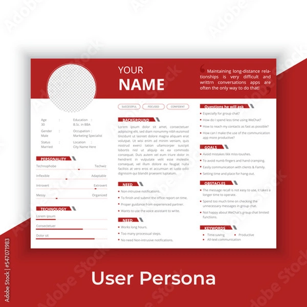 Fototapeta User Persona Document Template Vector Illustration. Examples of User Personas template. Persona Document. Persona Template for UI UX designer. User Persona vector horizontal template with blue color. 