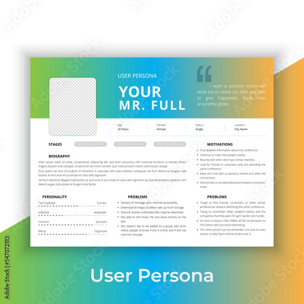 Fototapeta User Persona Document Template Vector Illustration. Examples of User Personas template. Persona Document. Persona Template for UI UX designer. User Persona vector horizontal template with blue color. 