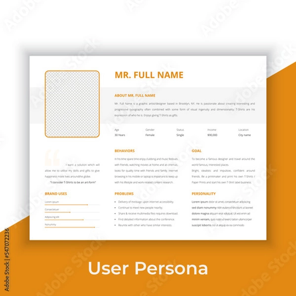 Fototapeta User Persona Document Template Vector Illustration. Examples of User Personas template. Persona Document. Persona Template for UI UX designer. User Persona vector horizontal template with blue color. 