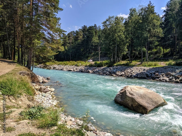 Fototapeta Arkhyz, Karachay-Cherkessia, Russia - August 26, 2022: View of the Zelenchuk River in the village of Arkhyz against the backdrop of a coniferous forest. Large stone lies in the middle of the river