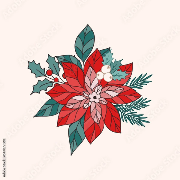 Obraz Retro Groovy Hippie Christmas hand drawn greeting card clipart composition, modern 60s 70s retro card, poster, banner design