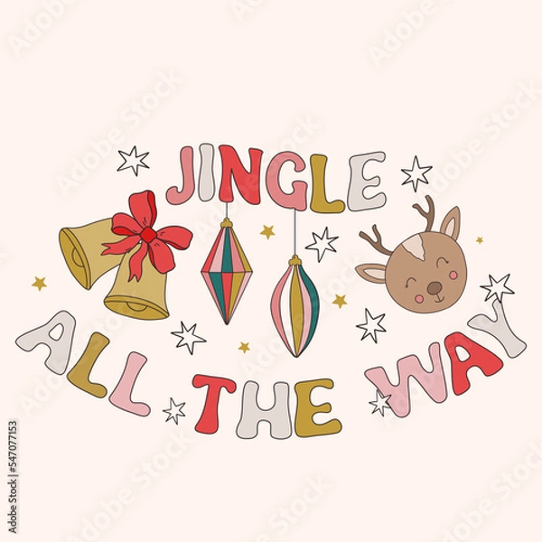 Fototapeta Retro Groovy Hippie Christmas hand drawn greeting card clipart composition, modern 60s 70s retro card, poster, banner design