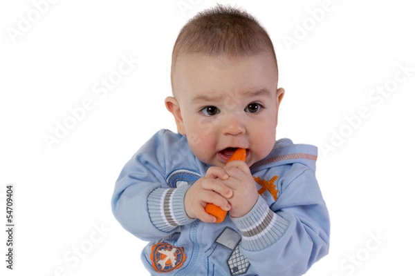 Obraz Smiling baby eats carrot