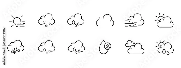 Fototapeta Weather conditions set icon. Cloud, cloudy, sun, rain, lightning, thunderstorm, wind, moon, rainbow, snow, snowflake, forecast. Nature concept. Vector black set icon on a white background