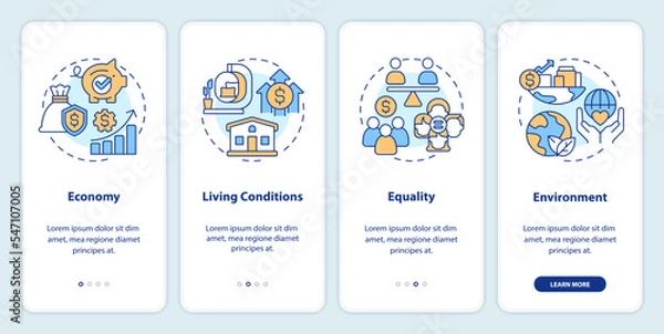 Fototapeta Pillars of inclusive growth index onboarding mobile app screen. Walkthrough 4 steps editable graphic instructions with linear concepts. UI, UX, GUI template. Myriad Pro-Bold, Regular fonts used