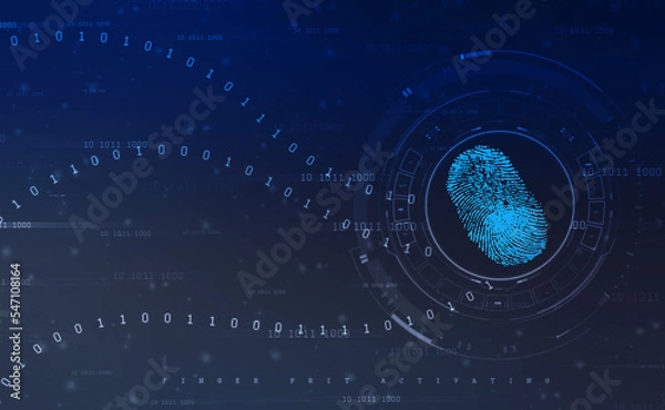 Obraz Abstract security system concept with fingerprint on technology background, Fingerprint Scanning Identification System. Biometric Authorization and Business Security Concept