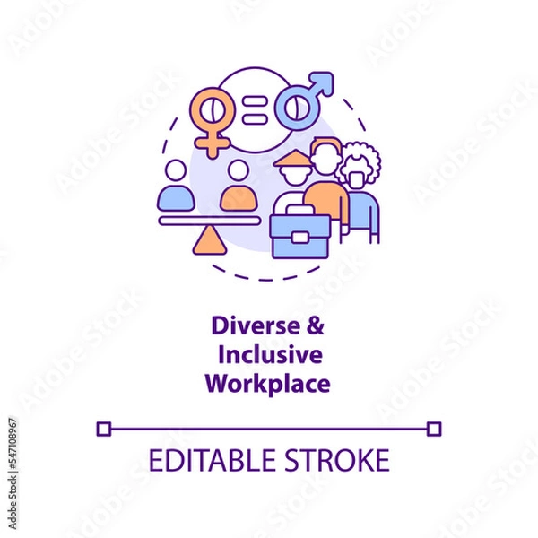 Fototapeta Diverse and inclusive workplace concept icon. Decent working practice abstract idea thin line illustration. Isolated outline drawing. Editable stroke. Arial, Myriad Pro-Bold fonts used