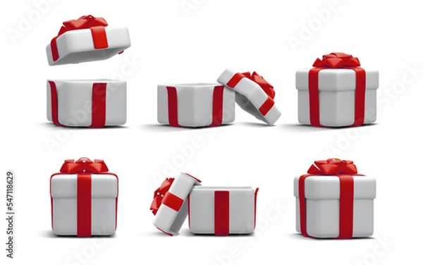 Obraz Set of 3d realistic gift boxes with red ribbon isolated on white background. Surprise boxes. Vector illustration