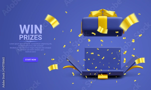 Obraz 3d realistic open gift box and flying gold confetti on blue background. Win Prizes concept. Vector Illustration
