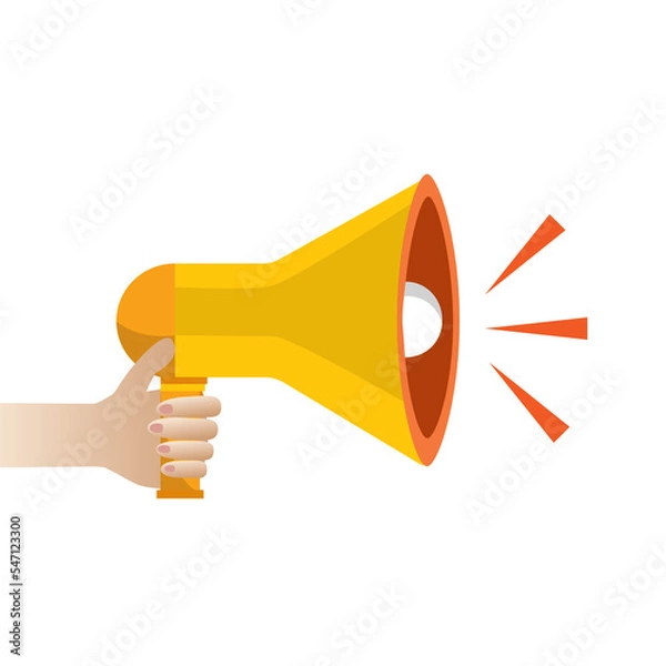 Fototapeta Business hand holding megaphone, speaker, loudspeaker icon. Announcement sign symbol. Flat design. Left corner template.vector illustration