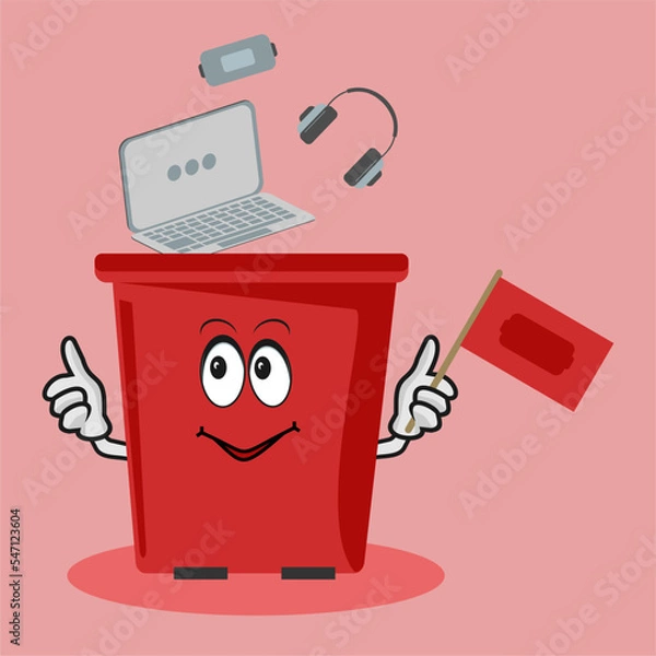 Fototapeta garbage separation, organic waste, electronics and batteries falls into the trash can, e-waste, trash can with eyes and hands, recyclables, garbage sorting, eco-friendly recycling, environmental