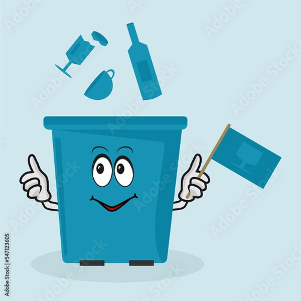 Fototapeta garbage separation, organic waste, glass bottle falls into the trash can, trash can with eyes and hands, recyclables, garbage sorting, eco-friendly recycling, environmental protection, segregation