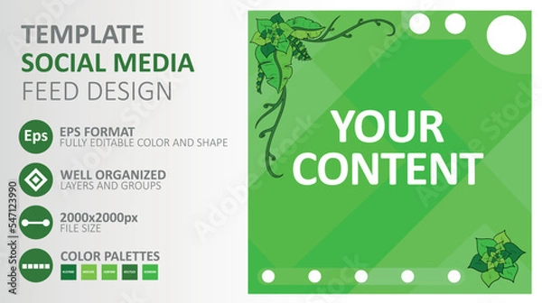 Fototapeta green background illustration with artistic plant floral pattern for social media template, ornament, decoration, and design components and frames