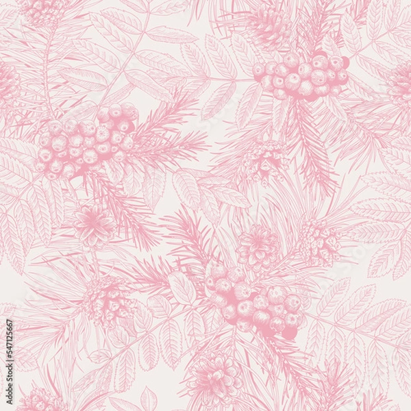 Obraz Christmas seamless pattern with winter plants. Vector botanical  illustration. Rowan, pine and spruce branches, cones. Pink  and white background. Sketch.