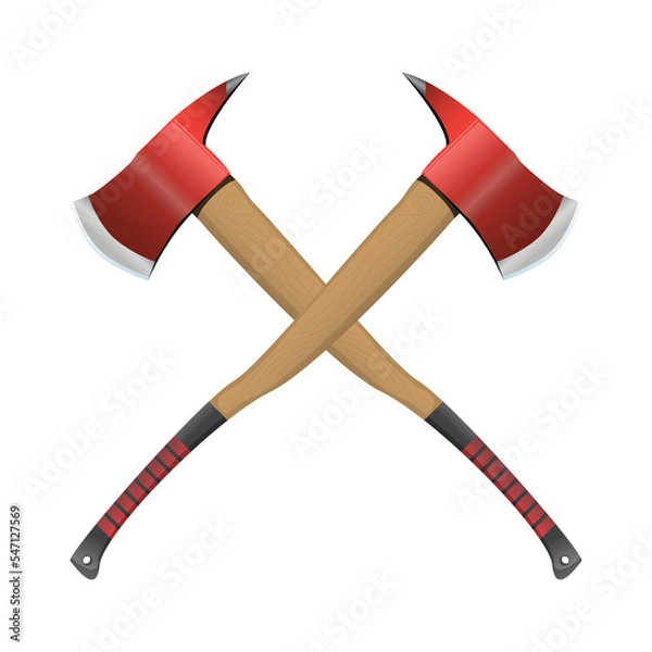 Fototapeta Firefighter crossed axe in realistic style. Red Hatchet. Red fire ax firefighter rescue equipment. Metal woodcutter with handle made of wood. Colorful PNG illustration.