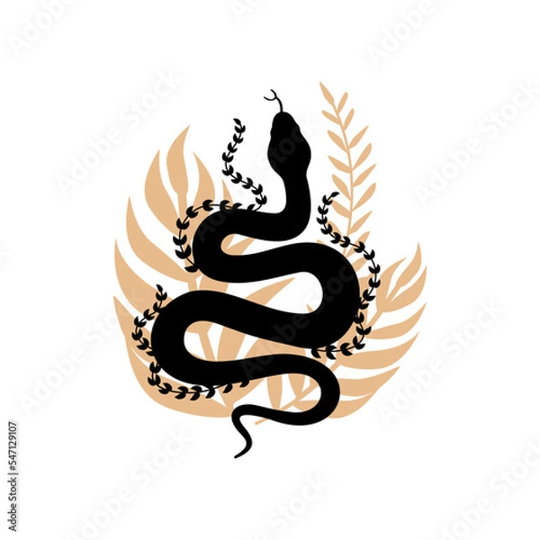 Fototapeta Floral boho snake isolated on white background. Silhouette snake with leaves, wild nature. Exotic. Symbol of magic and esotericism. Minimalist drawing, tattoo sketch