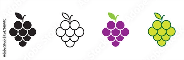 Fototapeta Grape icon set. Grape Icon Food Fruits. Different wine grapes. Bunch of grapes in simple flat style. Grape symbol and sign. Vector illustration.