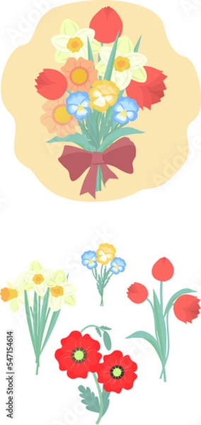 Fototapeta  bouquet of spring flowers: poppies, tulips, daffodils, pansies in flat design