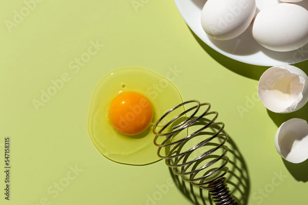 Fototapeta Raw egg yolk broken on a green background, next to the shell and a plate of eggs