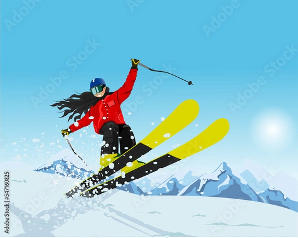 Fototapeta Happy and smiling skier, skiing and jumping in the mountains on skis against the backdrop of mountains. Vector illustration