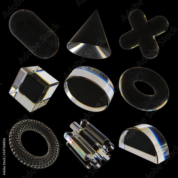 Obraz Set of dispersion glass 3d shapes and elements. 3d render illustration isolated on black background