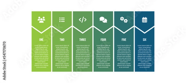 Fototapeta 6-step process infographic in blue and green, rectangular phases with icons