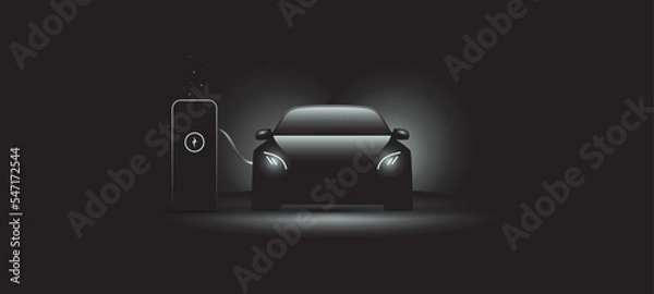 Fototapeta Plugin hybrid electric vehicle vector with car connected to electric charging station and with white glow 