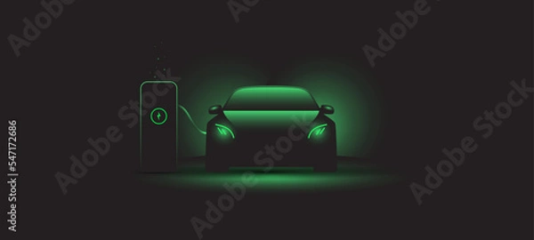Fototapeta Plugin hybrid electric vehicle vector with car connected to an electric charging station and with green glow 