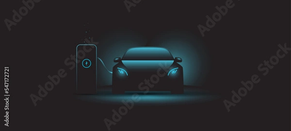 Fototapeta Plugin hybrid electric vehicle vector with car connected to an electric charging station and with blue glow 