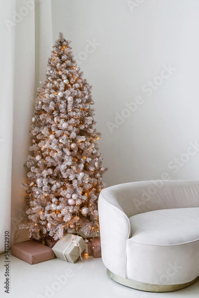 Fototapeta Modern interior with couch and christmas tree