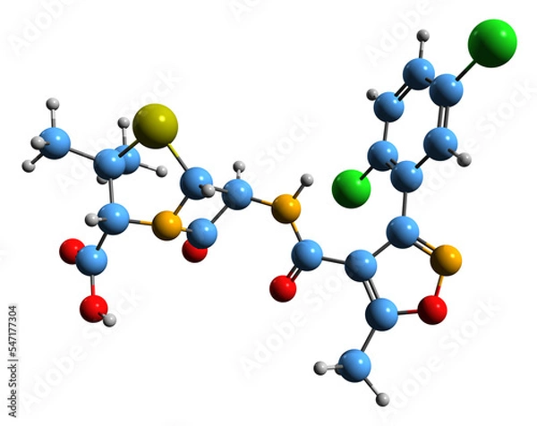 Fototapeta 3D image of Dicloxacillin skeletal formula - molecular chemical structure of narrow-spectrum beta-lactam antibiotic isolated on white background