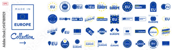 Fototapeta Collection of badge logotype "Made in Europe - EU" with ribbon, flag on white background, For art template design, page, mockup brochure style, banner, idea, cover, booklet, print, flyer, book, card