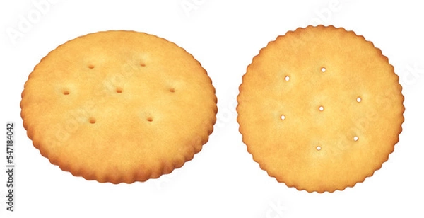 Fototapeta Set of round yellow cookie cracker on a white background, 3d render