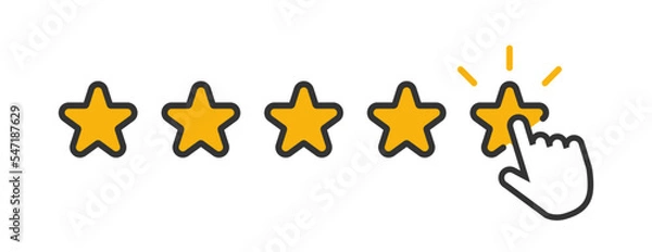 Fototapeta Five yellow stars with clicking mouse hand. Flat quality rank icon. Customer feedback concept. Vector isolated flat illustration for web design