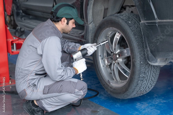 Fototapeta Professional mechanic providing car repair and maintenance service in auto garage. Car service business concept.