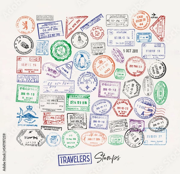 Fototapeta Passport stamp from different countries colorful icon set with lettering travelers stamp poster style