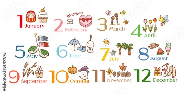 Obraz 12ヵ月の風物詩イラストセット（水彩とクレヨン）