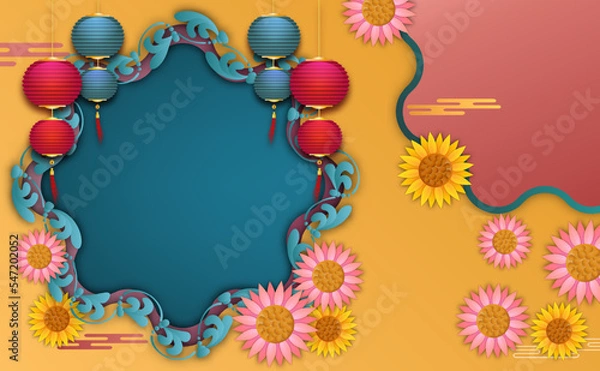 Fototapeta Happy chinese new year card paper cut with lamp and flower.
