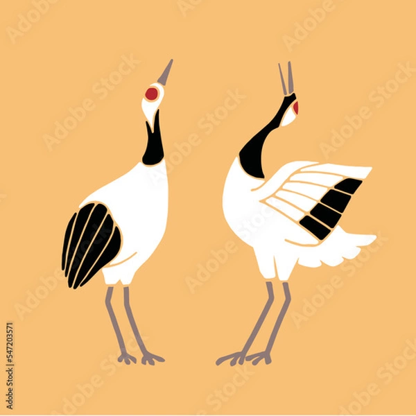 Fototapeta 向かい合う2匹の鶴　シンプルイラスト　主線なし
