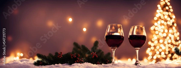 Fototapeta Christmas drink red mulled wine cocktail with decoration tree 3D. Romantic holiday celebration party with winter festive beverage 8K